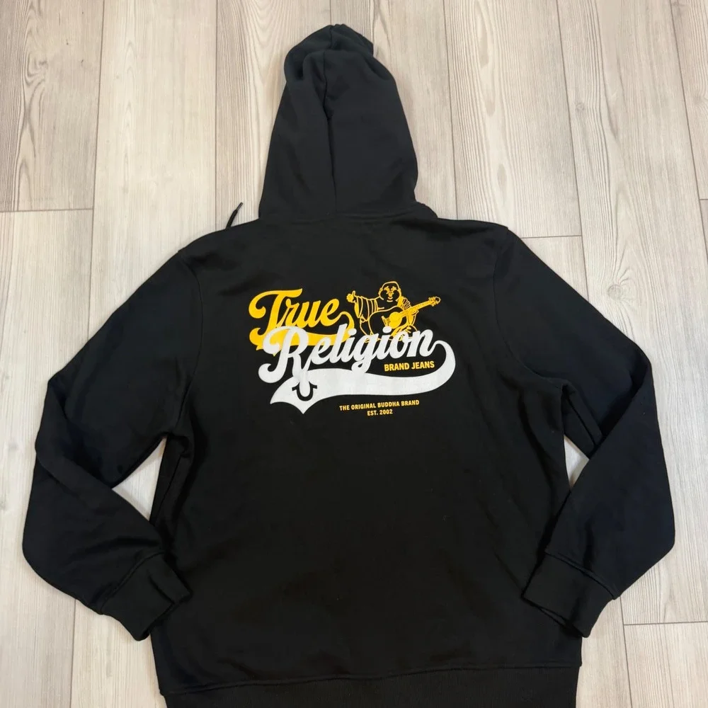 True Religion Mens Old Skool Zip Hoodie Black Fleece Graphic Sweatshirt XL
